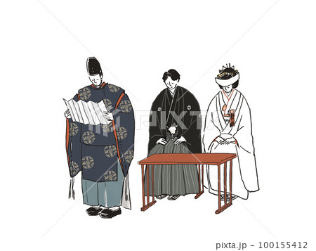 祝詞奏上(のりとそうじょう)する神主と和装の新郎新婦(角隠し) 祝詞奏上(のりとそうじょう)する神主と和装の新郎新婦(角隠し) 100155412
