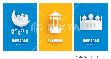 Ramadan Kareem greeting card moon and stars traditional lanterns background. Eid Mubarak paper art banner illustration design. Ramadan Kareem greeting card moon and stars traditional lanterns background. Eid Mubarak paper art banner illustration design. 100156782