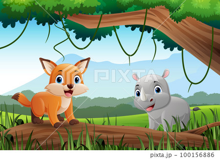 Cartoon fox and rhino in the jungle 100156886