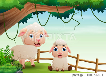 Cartoon mother sheep and child in the forest 100156891