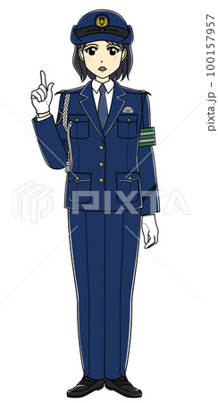 指差しして真面目な表情で話す女性警察官(全身・スラックス) 指差しして真面目な表情で話す女性警察官(全身・スラックス) 100157957