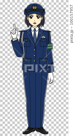 指差しして真面目な表情で話す女性警察官(全身・スラックス) 指差しして真面目な表情で話す女性警察官(全身・スラックス) 100157957
