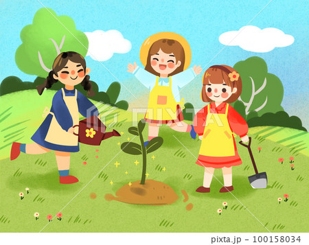 緑の春の手描き環境に優しい植樹イラスト 緑の春の手描き環境に優しい植樹イラスト 100158034