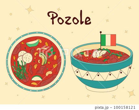 Mexican traditional food. Pozole. Vector illustration in hand drawn style 100158121