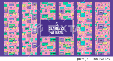 Set of vaporwave UI and UX elements seamless pattern. PC retro game frame. Nostalgic style 70s, 80s, 90s. 100158125