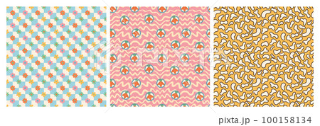 Groovy hippie Happy Easter seamless pattern set. Easter backgrounds in trendy retro 60s 70s cartoon style. 100158134
