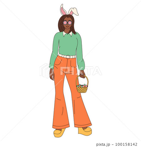 Groovy hippie Happy Easter character. Girl with rabbit ears in trendy retro 60s 70s cartoon style. Groovy hippie Happy Easter character. Girl with rabbit ears in trendy retro 60s 70s cartoon style. 100158142