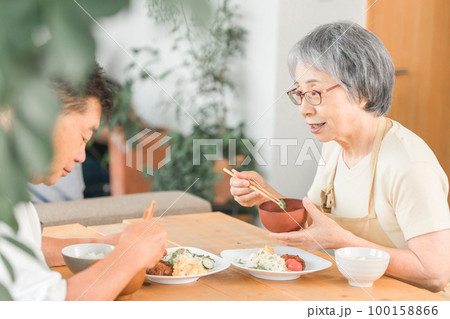 家で食事をする高齢者夫婦(和食) 100158866