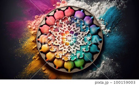 AI generated background with Indian festival dussehra, showing golden mandala on colorful powder background 100159003