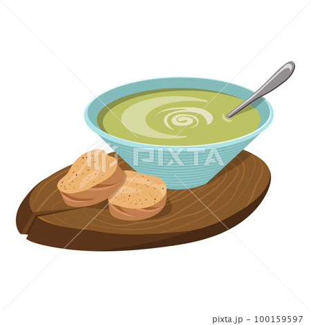 Avocado puree soup on a board with bread. Vector illustration Avocado puree soup on a board with bread. Vector illustration 100159597