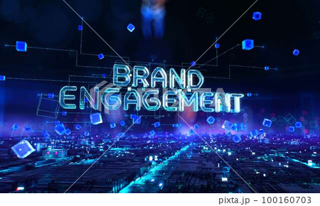 Brand Engagement - businessman working and touching with augmented virtual reality at night office. Brand Engagement - businessman working and touching with augmented virtual reality at night office. 100160703