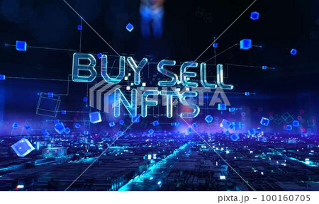 Buy Sell Nfts - businessman working and touching with augmented virtual reality at night office. 100160705