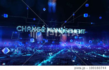 Change Management - businessman working and touching with augmented virtual reality at night office. 100160744