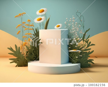 AI generated  minimal geometric podium with daisy flowers and leaves 100162156