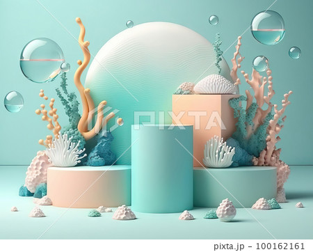 AI generated abstract background with geometric shapes, podiums, sea shells and corals 100162161