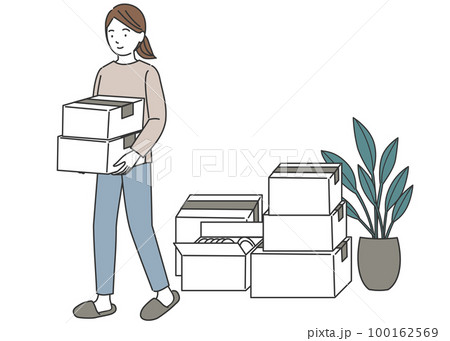 段ボール箱を運び引越しの準備をする女性 段ボール箱を運び引越しの準備をする女性 100162569