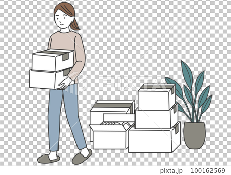 段ボール箱を運び引越しの準備をする女性 段ボール箱を運び引越しの準備をする女性 100162569