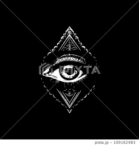 All-seeing eye dotwork tattoo with dots shading, depth illusion, tippling tattoo. Hand drawing white emblem on black background for body art, minimalistic sketch monochrome logo. Vector illustration 100162983