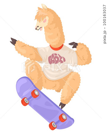 Cute llama alpaca skateboarding flat vector icon 100163037