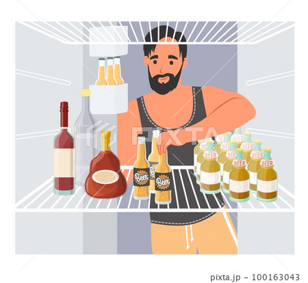 Man taking beer from opened refrigerator vector Man taking beer from opened refrigerator vector 100163043