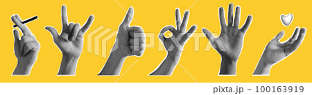 Collage element with hands and cutout shape. Vintage vector set. Retro halftone effect. 100163919