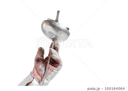 Closeup hand in glove holding fencing sword, rapier isolated on white background 100164064