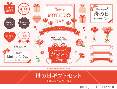 母の日のフレームセット。カーネーションの花、花束のイラスト。ラベル、ロゴ、ベクター素材。 100164410