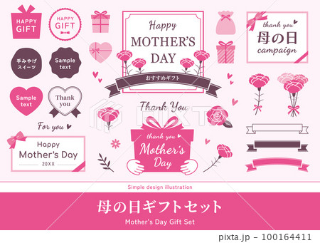 母の日のフレームセット。カーネーションの花、花束のイラスト。ラベル、ロゴ、ベクター素材。 100164411