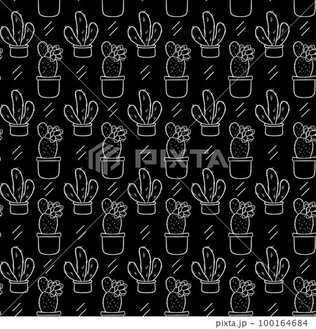Seamless pattern with cute hand-drawn cacti black background. 100164684