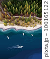 Sea, forest and boats in a autumn nature landscape from top. Vector illustration 100165122