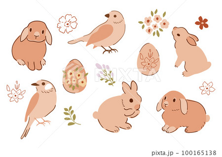 Easter rabbit, birds, eggs set. Cute vector bunny isolated element, spring floral collection hand drawn in vector 100165138