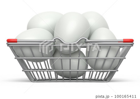 Farm raw organic white sugar-coated eggs for breakfast in metal wire basket 100165411