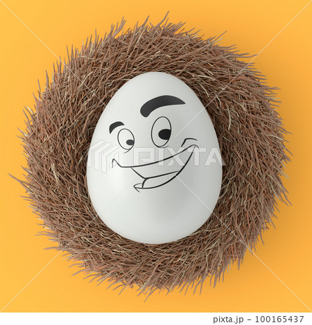 Farm white painted egg with expressions and funny face in bird nest 100165437