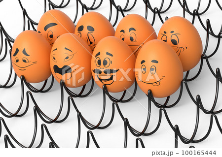 Farm brown egg with expressions and funny face in metal wire tray or cardboard Farm brown egg with expressions and funny face in metal wire tray or cardboard 100165444