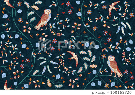 Vintage seamless fabric ornament with flowers and birds on dark blue background. Middle ages William Morris style. Vector illustration. 100165720
