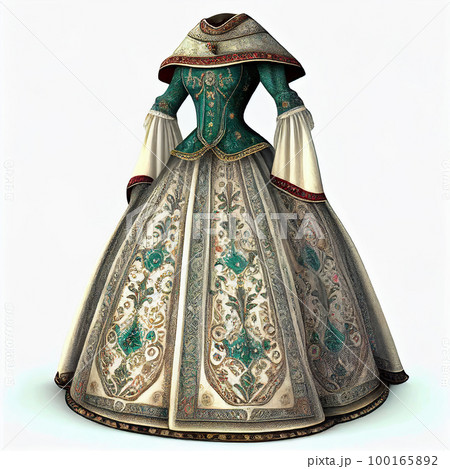 Ancient medieval retro vintage beautiful dress of a court lady, decorated with lace, precious stones and pearls, isolated on white Ancient medieval retro vintage beautiful dress of a court lady, decorated with lace, precious stones and pearls, isolated on white 100165892