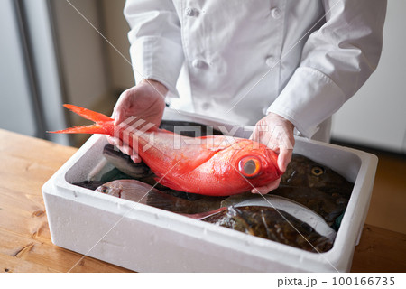 産地から届いたされた魚を手に取るシェフ 産地から届いたされた魚を手に取るシェフ 100166735