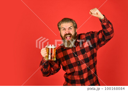 Beer pub. Bartender bar. Refresh your spirit. Modern hipster getting drunk. Welcome drink. Brutal bearded man drink beer. Man hold mug of beer. Hipster at bar counter. Having fun. Alcohol beverage 100168084