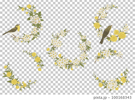 Set with flower wreaths and birds. Floral frame. Garland. Botanical illustration. Vintage style. Japanese kerria, cherry, hawthorn, willow warbler. 100168343