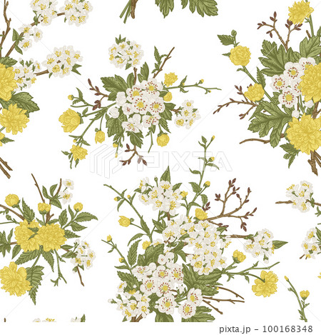 Floral seamless pattern with bouquets of yellow and white flowers. Botanical illustration. Blooming Japanese kerria, hawthorn, cherry. Isolated on transparent background. 100168348