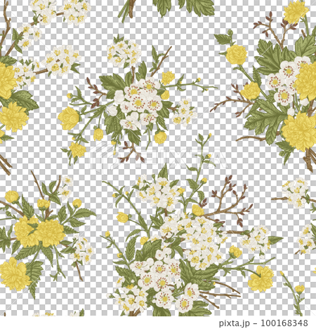 Floral seamless pattern with bouquets of yellow and white flowers. Botanical illustration. Blooming Japanese kerria, hawthorn, cherry. Isolated on transparent background. 100168348