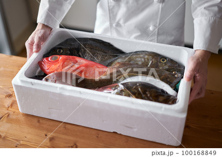 産地から届いた鮮魚を持つシェフ 100168849
