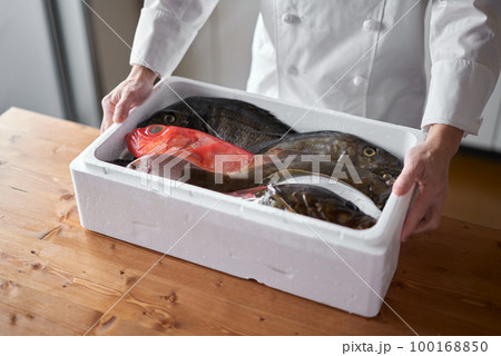 産地から届いた鮮魚を持つシェフ 100168850