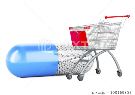 Medicament capsule with shopping cart, 3D rendering 100169352