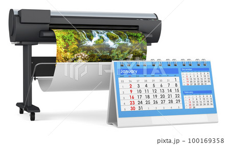 Plotter, large format inkjet printer with desk calendar, 3D rendering 100169358