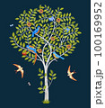 Fantasy tree with birds on dark blue background. Vector illustration 100169952