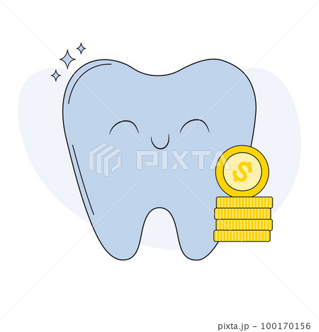 Cute tooth with gold coin. Happy tooth and money isolated on background. Dental services price icon and payment concept. Flat cartoon vector illustration 100170156
