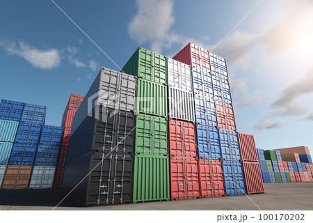 Warehouse of stacked cargo standard containers for temporary storage, loading, unloading and sorting at the container point. A lot of multi-colored containers on a specialized site Warehouse of stacked cargo standard containers for temporary storage, loading, unloading and sorting at the container point. A lot of multi-colored containers on a specialized site 100170202