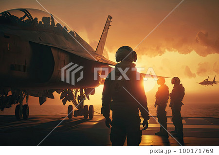 Military pilots near jet fighter at sunset. Military aviation. Created with Generative AI Military pilots near jet fighter at sunset. Military aviation. Created with Generative AI 100171769
