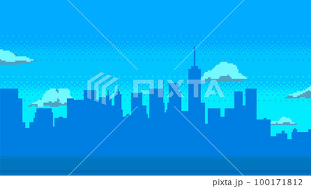 Pixel art game background with city silhouette and clouds. Vector illustration. 100171812